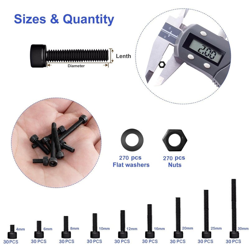 MklusiveTech 812 Pcs M2 Screw Kit 12.9 Grade High Strength Carbon Steel M2X4mm 6mm 8mm 10mm 12mm 16mm 20mm 25mm 30mm Black Complete Set Screw Assortment with Metric Bolt Assortment Nuts and Bolts - Image 2
